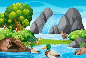 cascada en el fondo del bosque con animales salvajes vector