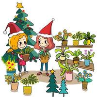 tarjeta de año nuevo dos niñas con sombreros de santa en la tienda de plantas vector de dibujos animados