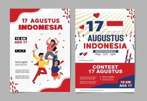 17 de agosto espíritu del día de la independencia de indonesia. 2 jóvenes celebran el día de la independencia portando banderas, símbolo del espíritu independentista. usar para pancartas y fondos vector