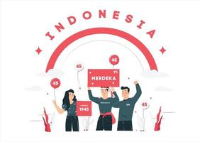 17 de agosto espíritu del día de la independencia de indonesia. 2 jóvenes celebran el día de la independencia portando banderas, símbolo del espíritu independentista. usar para pancartas y fondos vector