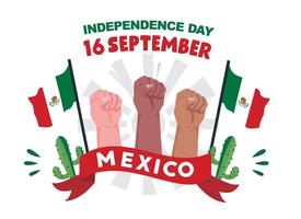 día de la independencia mexicana ilustración del puño 3 personas, cartel del 16 de septiembre para el fondo. viva Mexico vector