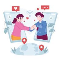 Love couple concept vector Illustration idea for landing page template, romantic couple communicate with phone, distance, Hand drawn Flat Styles