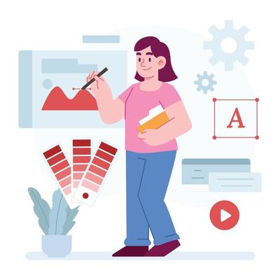 Graphic Designer concept vector Illustration idea for landing page template, freelancer remote office workplace interior with desk, chair and computer, Hand drawn Flat Styles