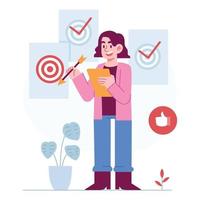 Goal concept vector Illustration idea for landing page template, common purpose achievement, project challenge target with woman employee building strategy, Hand drawn Flat Styles