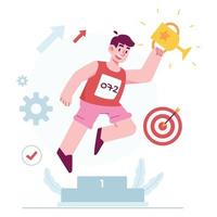 Goal concept vector Illustration idea for landing page template, common purpose achievement, project challenge target with winner man bring cup, Hand drawn Flat Styles