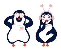 pingüinos enamorados. ilustración vectorial. un par de dibujos animados de pingüinos, un niño y una niña están de pie y sonriendo, un corazón sobresale en un bolsillo. vector