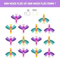 How much flies up. How much flies down. Educational game for children. Vector illustration.