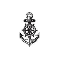 Ship steering wheel and anchor. Black icon, logo element, flat vector illustration isolated on white background.