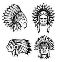 inspiration north american indian chief wearing traditional feather headdress black and white vector portrait