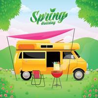 Spring Camper Van with Barbercue vector