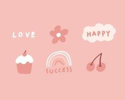 Flat design illustrations of simple hand drawn clip art in a pink theme. vector