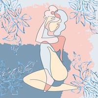 ilustración de contorno de mujer sobre fondo colorido con ilustración floral vector