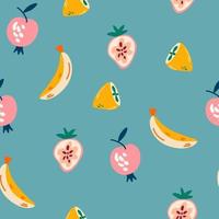 Fruit seamless pattern. Sweet, banana, lemon, strawberry and apple. Food background. For menus of restaurants, shops and printing, wallpaper, textile. Vector cartoon Illustration