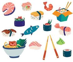 Dishes with fish and seafood. Trout, salmon, sushi, rice with shrimp, Chinese noodles. For menus of restaurants, shops and printing. Vector cartoon Illustration