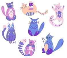 conjunto de gatos divertidos. lindo gato de dibujos animados en varias poses. mascotas de pura raza aisladas en un fondo blanco. ilustración vectorial plana. vector