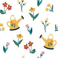 flores y regadera de patrones sin fisuras. fondo floral de primavera. diseño de bebé para tela, estampado, textil, envoltura. ilustración vectorial de elementos de jardinería. vector