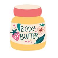 Jar of body cream. Cosmetic Body Oil. Stylish bright packaging. Body butter with strawberry. Skin care, hygiene and moisturizing. Vector cartoon Illustration