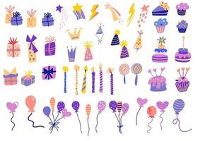 artículos de cumpleaños cupcakes de celebración dulce, cintas, globos de colores y regalos de cumpleaños. conjunto grande de elementos de carnaval de dibujos animados. todo para una fiesta, fiesta y cumpleaños. ilustración vectorial vector