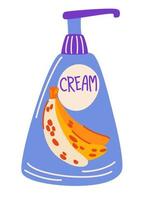 Bottles of cream. Bright cream for body and hands with banana. Lotion, lipstick, spray. Skin care products. Cosmetic. Vector cartoon illustration.