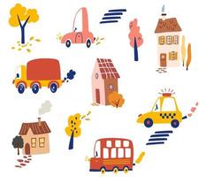 Cute cars and houses collection. Bus, taxi and pickup auto in Scandinavian style. Childish road transport toys set. Colored flat vector illustrations isolated on white background