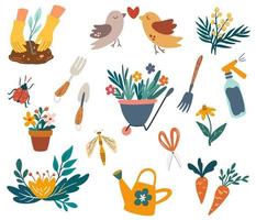 Gardening set. Hand draw garden work elements, tools, flower pot, watering can, flower cart, insects and birds. Gardener farm, flower store. Spring, summer time. Vector cartoon illustration.