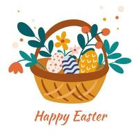 Basket with Easter eggs and flowers. Colorful spring composition for a Happy Easter. Perfect for printing, greeting cards, invitations and stickers. Vector cartoon illustration.