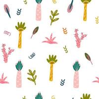 palmas y cactus de patrones sin fisuras. fondo de selva tropical. perfecto para estampar ropa de bebé, tejidos textiles. ilustración de dibujos animados vectoriales. vector