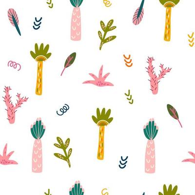 Palms and Cactus seamless pattern. Tropical jungle background. Perfect for printing baby clothes, textiles fabrics. Vector cartoon illustration.