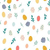 Easter eggs seamless pattern. Various flowers, leaves and decorative eggs. Texture for textile, postcard, wrapping paper, packaging etc. Vector cartoon illustration.