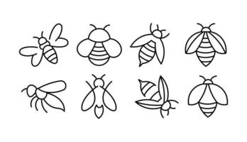 establezca la línea de iconos de las etiquetas de miel y abeja para los productos con el logotipo de la miel, icono de abeja voladora ilustración vectorial de estilo plano. vector