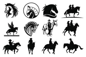 cowboys with lasso riding a horse at the rodeo,A cowboy riding a horse in silhouette waving pistol in the air vector