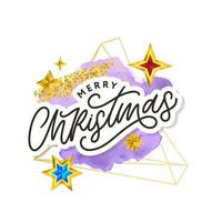 Merry Christmas text decorated with hand drawn lettering with gold stars. Greeting card design element. Vector typography.