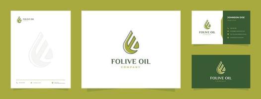 logotipo de aceite de oliva letra f con tarjeta de visita y membrete vector