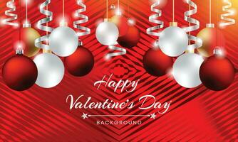 Red Valentine's Day Background with Hanging Balls, Silver Ribbons Vector Design Template