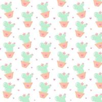 Seamless pattern with cactus in a pot and hearts. vector