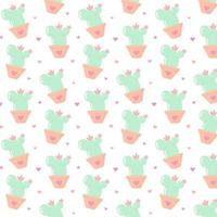 Seamless pattern with cactus in a pot and hearts. vector