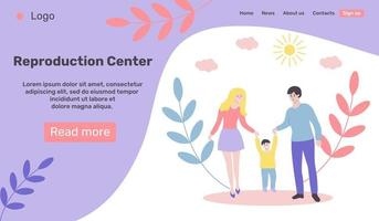 Web page design template for reproduction center. Happy young family on a walk. vector