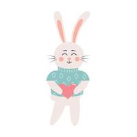 lindo conejo en un suéter y un corazón en sus manos. conejito de navidad, pascua o san valentín. vector