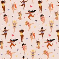 Seamless pattern of body positive happy women and hearts. vector