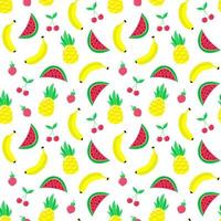 Exotic fruit seamless pattern with banana, pineapple, watermelon, cherry and strawberry. vector