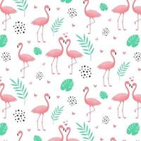 Seamless pattern with flamingos, hearts, dots, monsteras leaves and twigs. vector