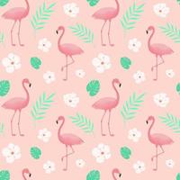 Seamless pattern with flamingos, tropical flowers, monsteras leaves and twigs. vector