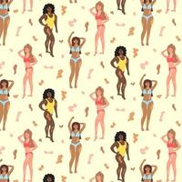 Seamless pattern with vitiligo women and spots. Smiling women in swimsuits of different nationalities and physiques with vitiligo. vector