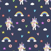 Vector seamless pattern with cute unicorn, donut, star, hearts, rainbow and cloud.