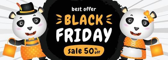 spacial discount black friday sale banner with cute panda illustration vector