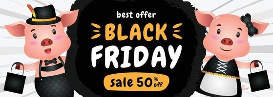 spacial discount black friday sale banner with cute pigs illustration vector