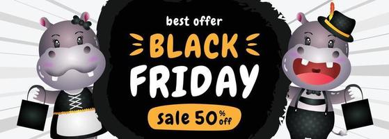 spacial discount black friday banner with cute hippo illustration vector