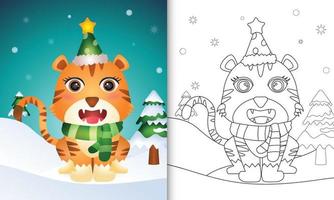 libro para colorear con una linda colección de personajes navideños de tigre con sombrero y bufanda vector