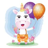 un lindo unicornio con sombrero de cumpleaños y sostiene un globo vector