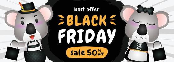 spacial discount black friday sale banner with cute koala illustration vector